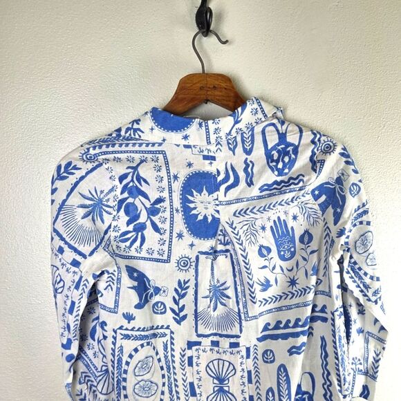 Women's Calyspo Blue and White Graphic Linen Blend Button-Up Shirt Sizs Small - Picture 6 of 11